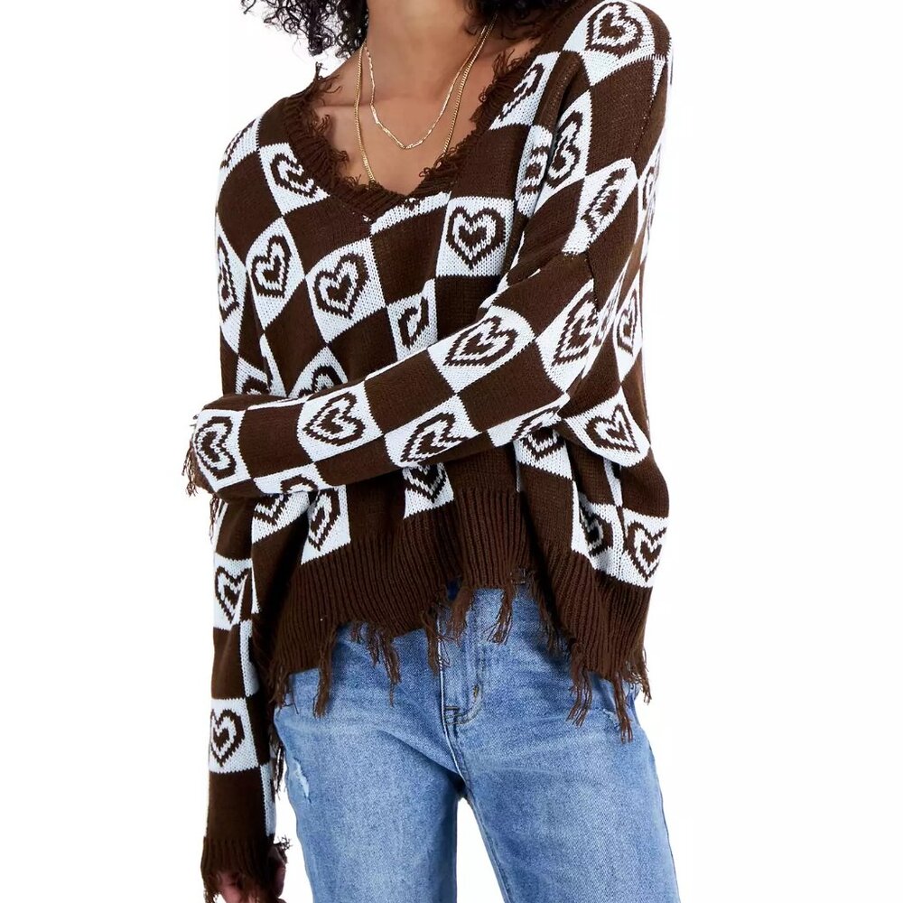 JUST POLLY Frayed Checkered Hearts Sweater 4X